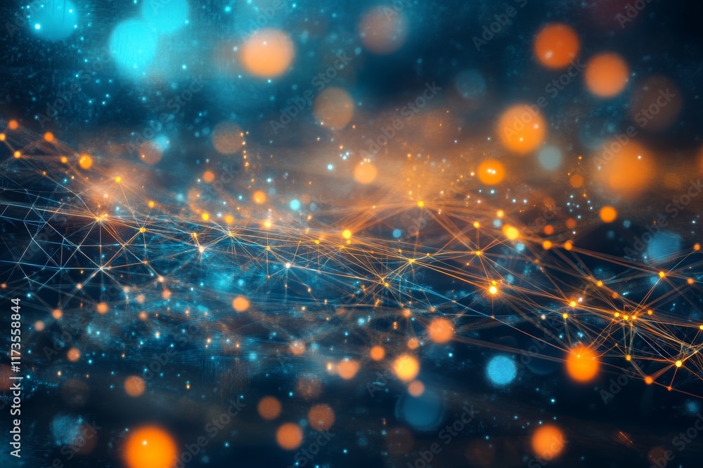 Poster abstract image of a digital network with glowing orange and blue lights, symbolizing data flow and c