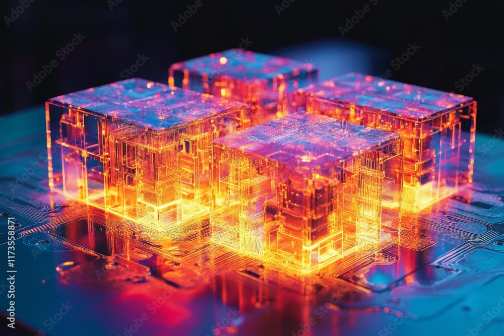 Poster This captivating image features glowing transparent cubes positioned on a circuit board, evoking a sense of innovation and futuristic design in a digital landscape.