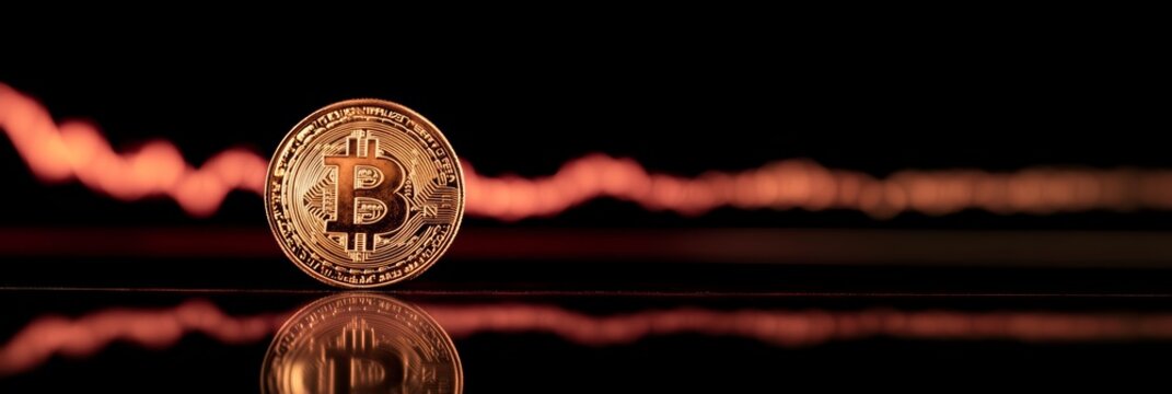Golden bitcoin coin standing on a reflective surface with a red blurred price chart in the background, indicating investment loss and cryptocurrency market volatility