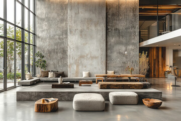 Modern loft lobby with seating, concrete walls, large windows, and outdoor view