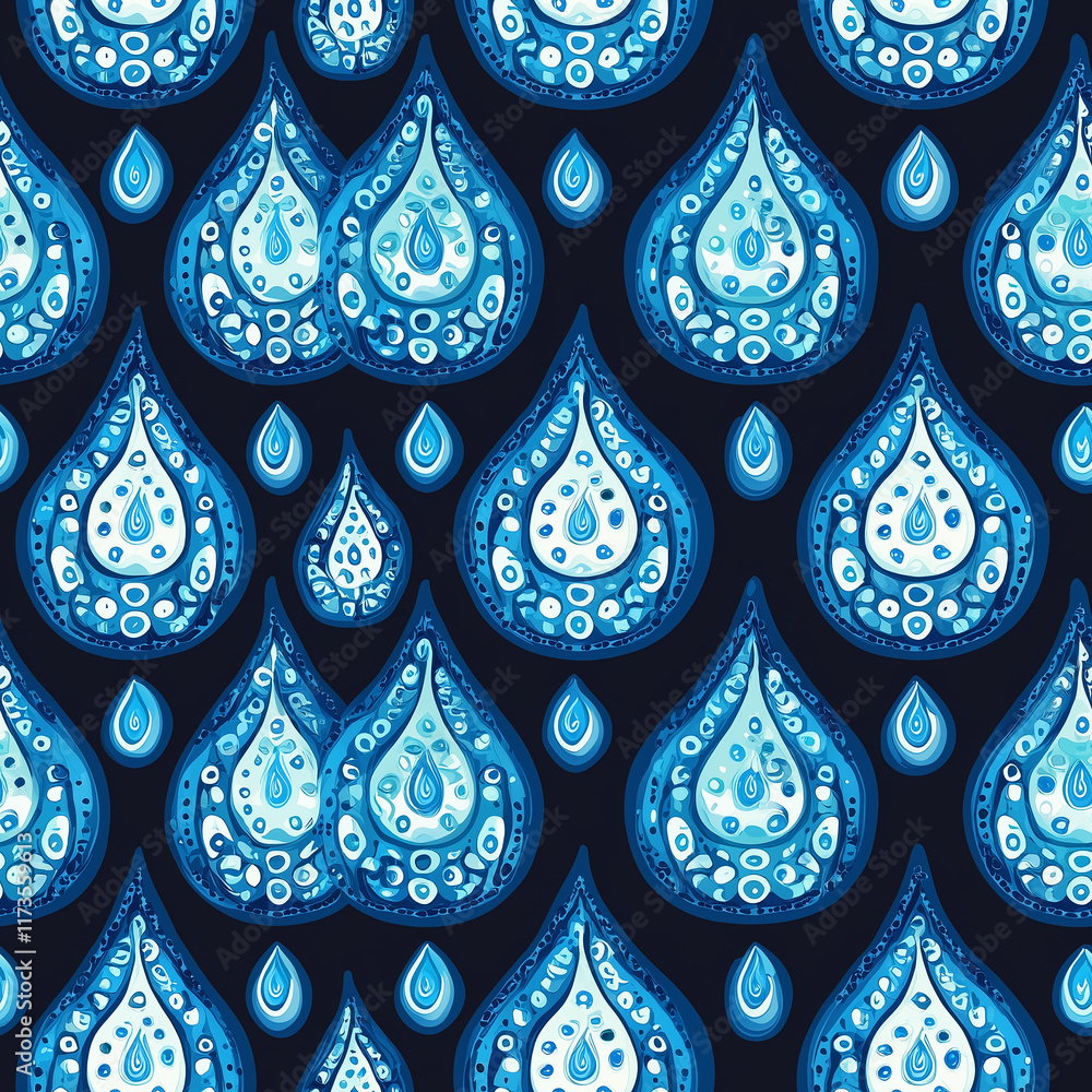 Poster Vibrant blue teardrop patterns on a dark background, creating a visually striking and decorative design.
