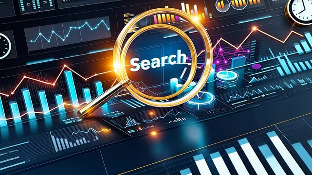 Futuristic Data Analytics Interface with Magnifying Glass, Charts, Graphs, and Digital Search Tools

