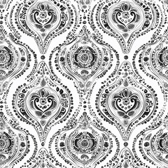 Classic black and white damask pattern with intricate floral designs, ideal for textiles or wallpapers.
