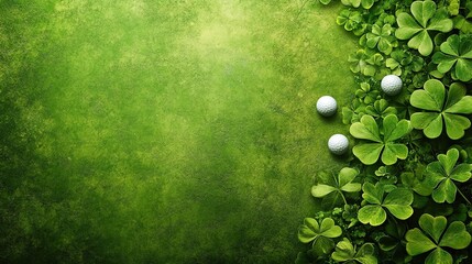 St. Patrick's Day-themed grunge background with golf balls and clovers (AI art), perfect for themed promotions, celebrations, or event marketing during the holiday. 