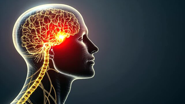 A head silhouette with detailed trigeminal nerve branching in yellow, a vivid red zone on the cheek indicating pain, and a sidebar with concise information about neuralgia and ther