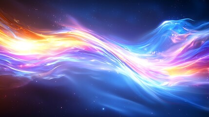 Abstract swirling neon light streams in vibrant blue, orange, and pink hues against a dark background.