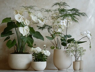 Fototapeta premium A Row of Beautifully Potted Indoor Plants in Glossy Black Pots on a White Background, Perfect for Modern Home and Office Decor Ideas