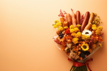 Creative gift concept for Valentine's Day, birthday, anniversary. Festive bouquet of wild flowers, sausages in craft packaging, tied with a ribbon