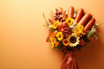 Creative gift concept for Valentine's Day, birthday, anniversary. Festive bouquet of wild flowers, sausages in craft packaging, tied with a ribbon