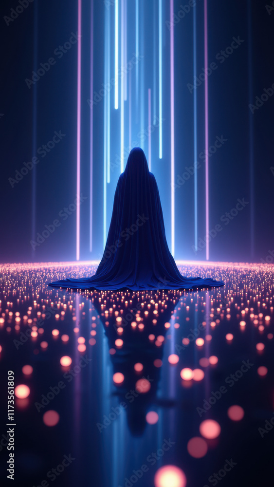 Poster futuristic ai figure standing amidst glowing lights with a background of illuminated columns.