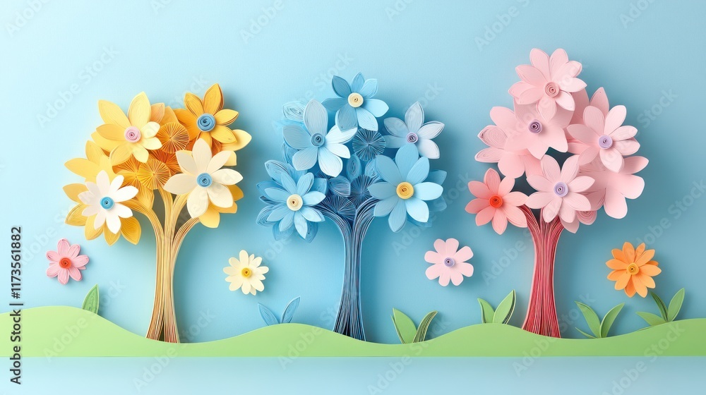 Poster Quilling colorful 3D paper trees with flowers on blue pastel background with copy space for design and interior art decor. AI generated. paper cut Art Style 3d 