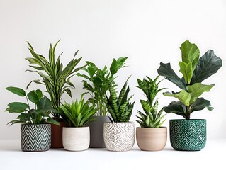 Fototapeta premium A Row of Beautifully Potted Indoor Plants in Glossy Black Pots on a White Background, Perfect for Modern Home and Office Decor Ideas