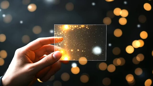 A refined hand pinching the corner of a blank transparent card, with radiant golden light dots in the background symbolizing elegance and creativity.