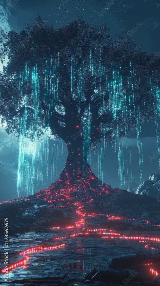 Poster surreal scene of a giant floating data tree in a mystical landscape with neon lights and digital ele