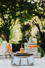 First Birthday Carrot Cake Smash Photography Setup with Vintage Wooden Crates, White Picket Fence, Garden Background, Baby Milestone Banner, Rustic Outdoor Party Decoration