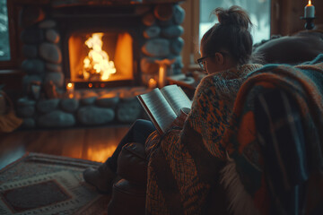 Obraz premium A woman is sitting in a living room with a book in her lap