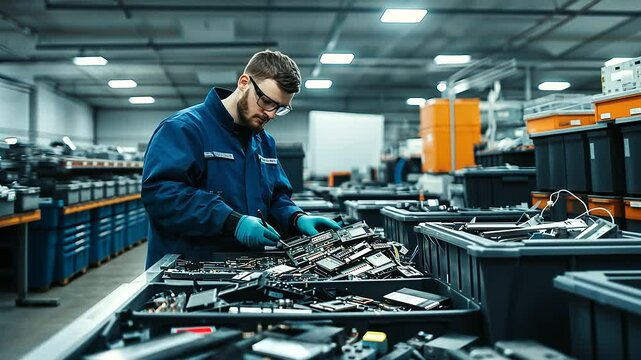 A sprawling electronics disposal center filled with categorized bins, as a worker methodically separates parts from dismantled devices on a sorting table