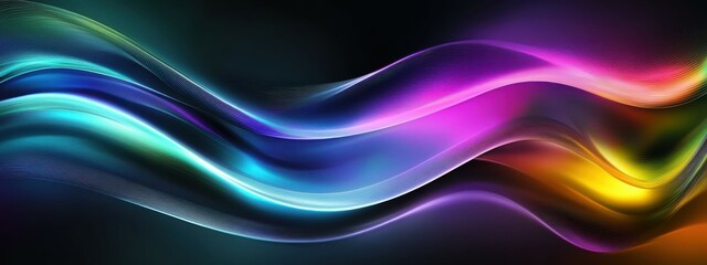 Obraz premium Abstract waves, vibrant colors, neon glow, fluid shapes, cosmic background, dark space, crescent moon, dynamic curves, gradient hues, purple and blue tones, iridescent effect, smooth textures, digital
