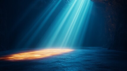 A dark cave with a bright light shining on the ground