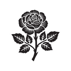 Rose icon vector design with a white background.is a high-quality graphic design file featuring a striking illustration of a rose bud rendered entirely in black. This design captures the elegant 