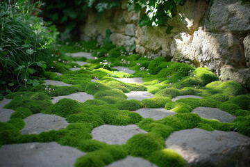 Mossy stone path in garden by wall, dappled sunlight