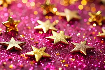 Fototapeta premium Sparkling Pink Glitter Festive Background with Golden Stars & Decorations