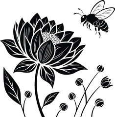 A flower and bee silhouette vector illustration, A flower and bee vector, A flower and bee line art vector