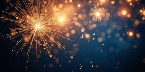Obraz premium Sparkling Celebration: A mesmerizing display of golden fireworks bursts against a deep blue night sky, creating a magical and celebratory atmosphere. Christmas, new year, Diwal festival