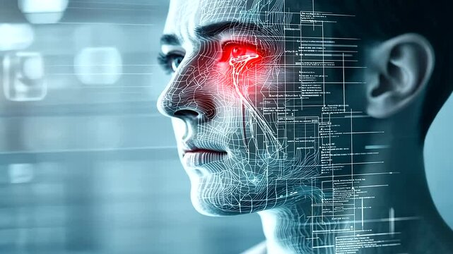 A visually engaging infographic featuring a digital face map with the trigeminal nerve highlighted and a red pain zone near the nose, along with text sections detailing symptoms an