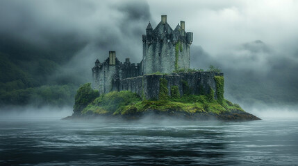 Misty island castle shrouded in fog, lake foreground, mountain background, potential fantasy setting