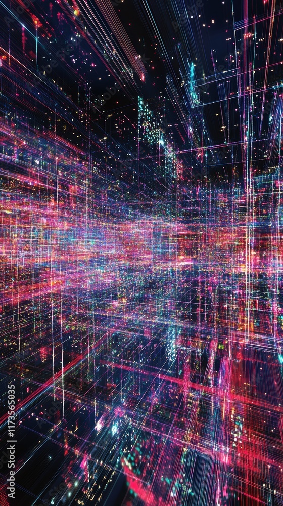 Poster explore a vibrant abstract data mesh layout filled with colorful patterns and dynamic lines, creatin