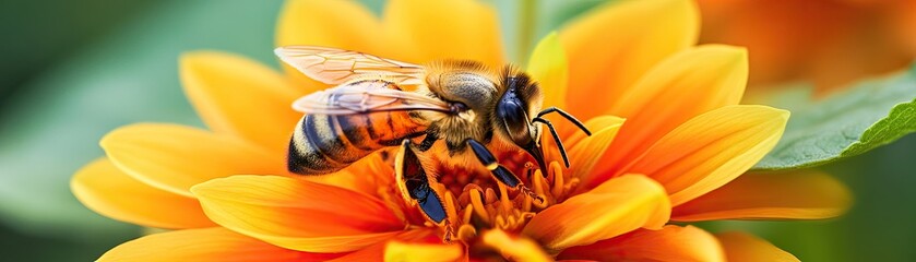 A close-up of a bee pollinating a vibrant orange flower.