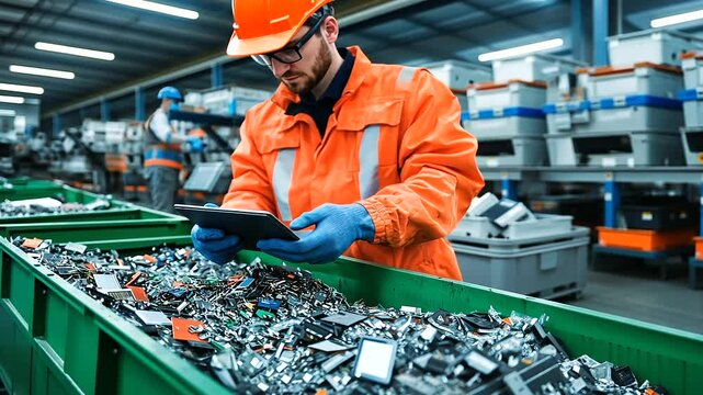 A worker holds a broken tablet and places it into a designated recycling bin, surrounded by colorful piles of electronic components sorted by type