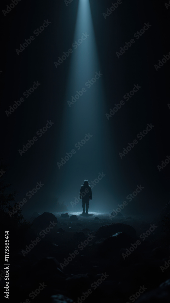 Poster a lone ai entity standing on rocks under the light of an unseen source, with a blurred background su