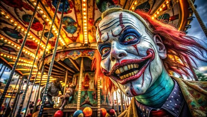 Obraz premium Spooky Carnival Macro: Ghostly Clown Close-Up, Eerie Halloween Fair Details