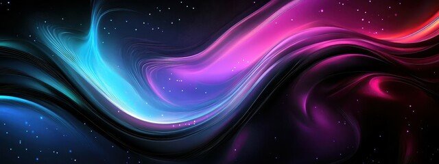 Abstract waves, vibrant colors, neon glow, fluid shapes, cosmic background, dark space, crescent moon, dynamic curves, gradient hues, purple and blue tones, iridescent effect, smooth textures, digital