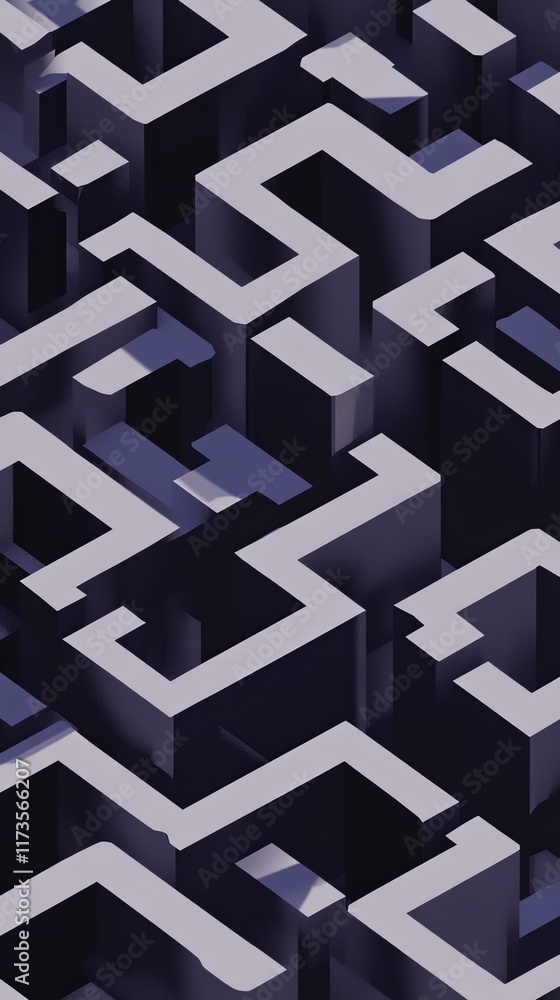 Poster a striking 3d abstract geometric pattern featuring maze-like blocks in dark tones, perfect for moder