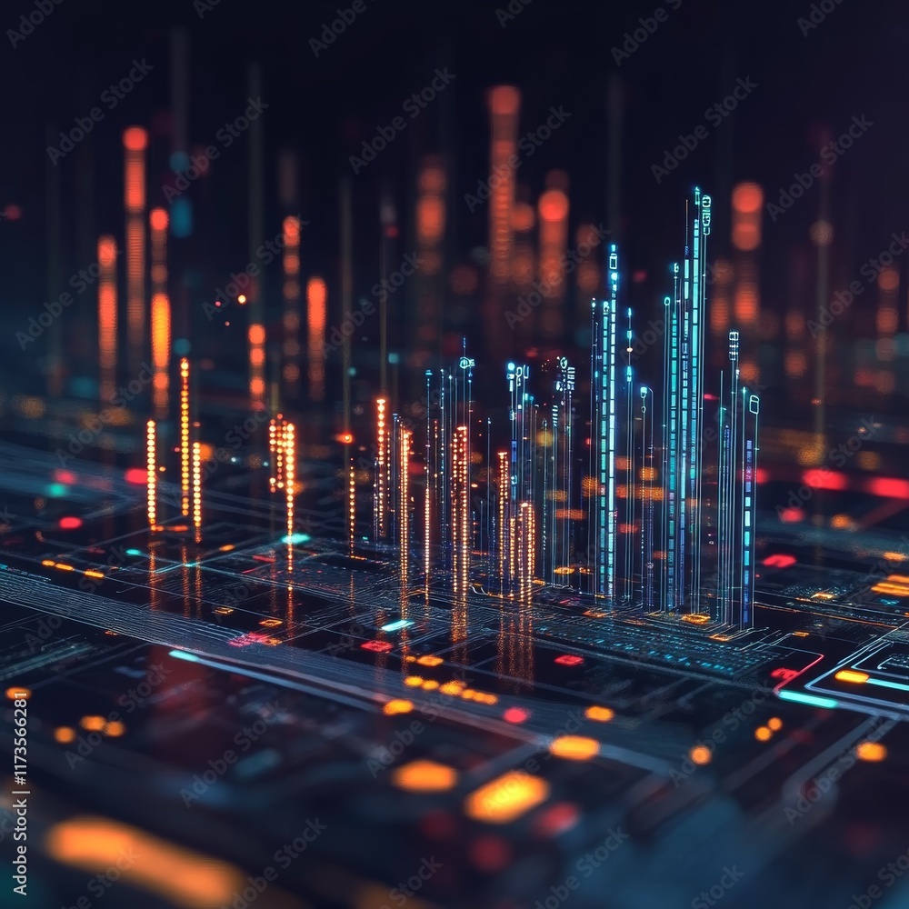 Poster abstract concept of big data visualization with colorful data streams and digital influence in 3d sp