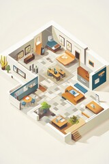 Explore a beautifully designed isometric interior showcasing a cozy minimalist apartment. This visual captures a harmonious blend of modern decor and thoughtful layout.