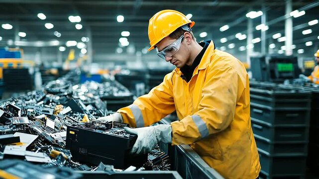 An industrial disposal site with rows of bins overflowing with electronics, as a worker uses tools to extract valuable parts from a discarded desktop computer