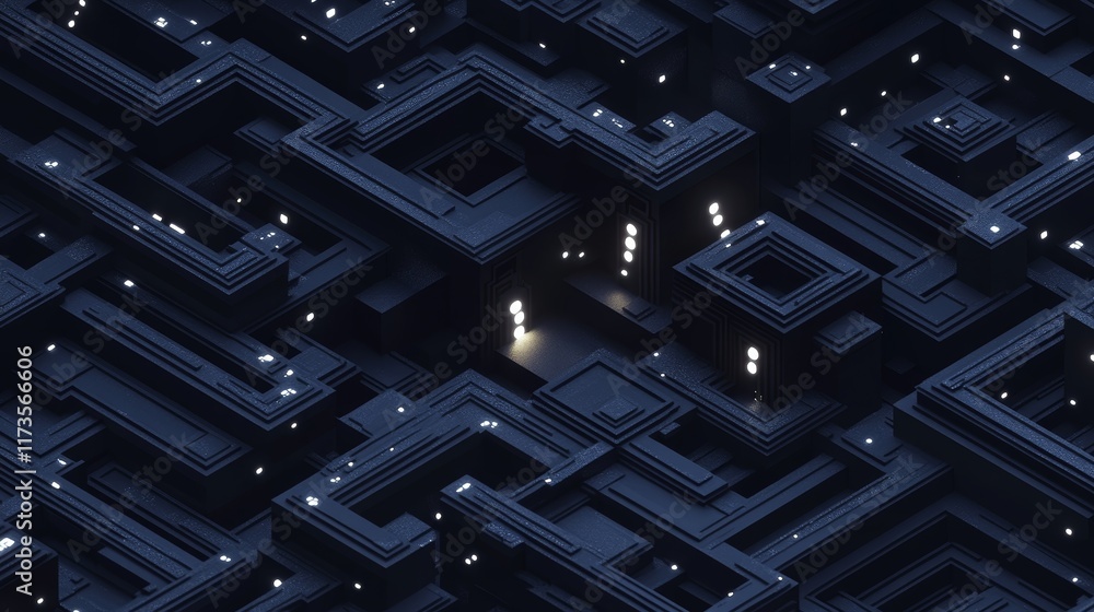Poster aerial view of a futuristic geometric maze with illuminated pathways, showcasing intricate patterns 