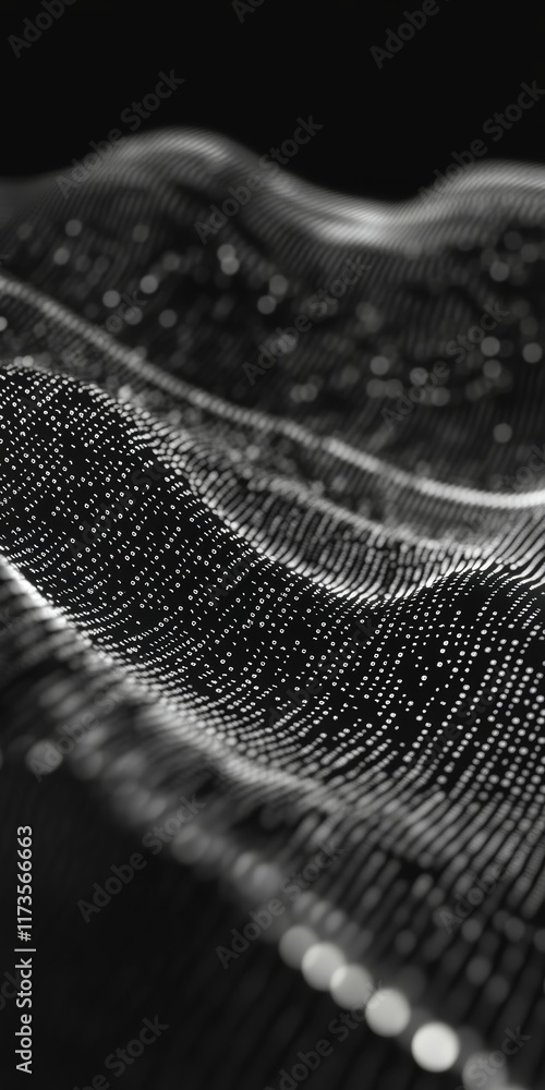 Poster this abstract image features a mesmerizing wave pattern made of white dots on a black background, sy