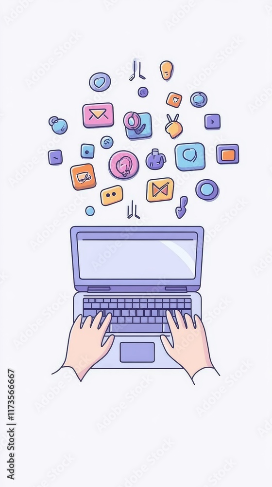 Poster social media manager using laptop with various app icons floating above, representing connection, co