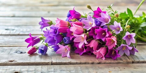 Spring Purple Pink Bell Flower Bouquet White Wooden Background Stock Photo