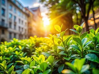Obraz premium Springtime Green Nature Background: Lush Plants in Morning Sunlight - Wallpaper