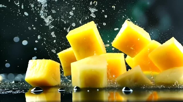 Floating pineapple chunks captured in a wide-angle view, with juice droplets sparkling in mid-air, adding a refreshing and lively touch.