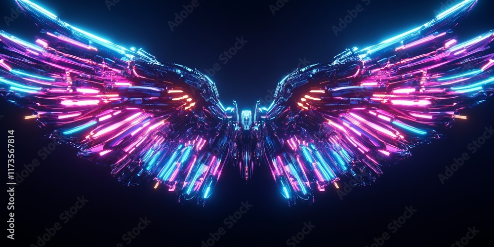 Poster glowing neon wings with vivid colors and intricate light patterns, creating a futuristic and dynamic