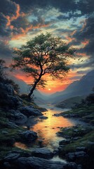 Fototapeta premium A serene landscape featuring a lone tree by a reflective stream at sunset.