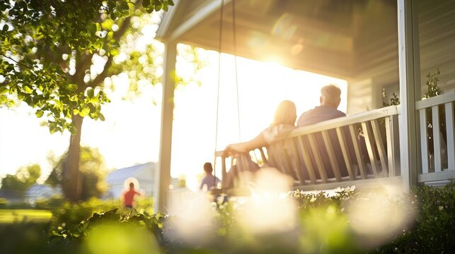 Warm Evening Light on Porch with Couple and Children Playing Outside