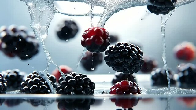 Plump blackberries caught in mid-motion, their textured surfaces glistening with freshness against a minimal studio setup.